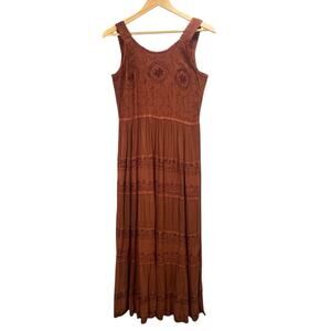 Boho Embroidered‎ Maxi Dress Sleeveless Brown Tiered Summer Casual Sundress